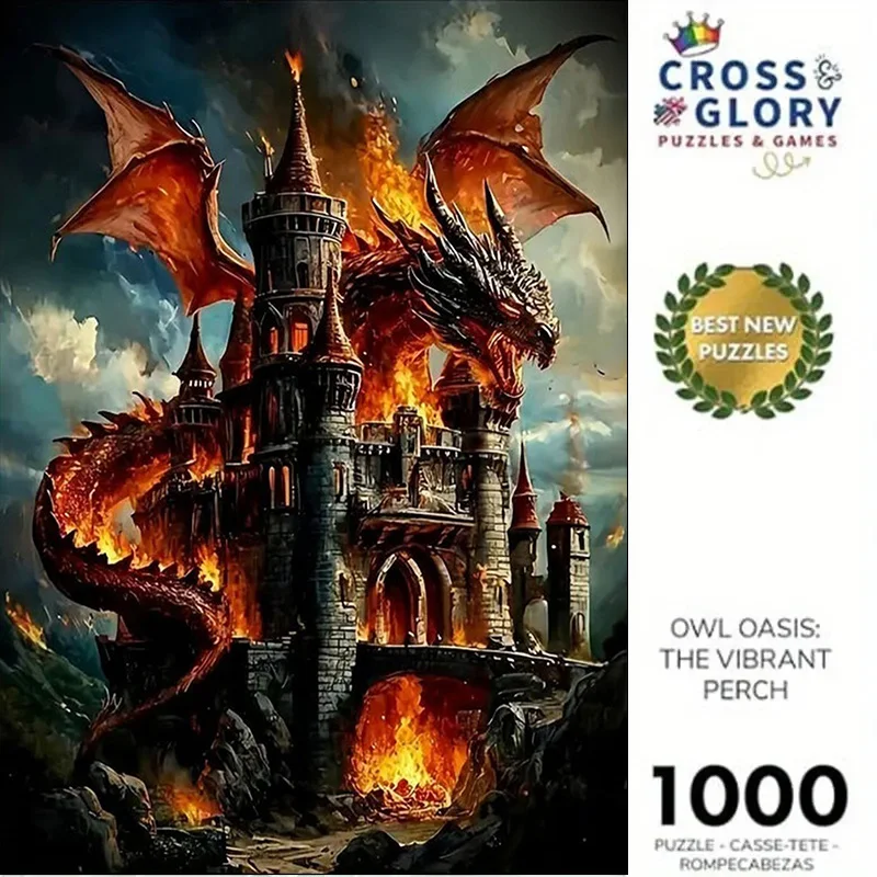 1000ピース 中世ファンタジー ドラゴン＆キャッスル パズル - 大規模で難しい1000ピースパズル、炎を吐くドラゴン、複雑な城、ドラゴン付き