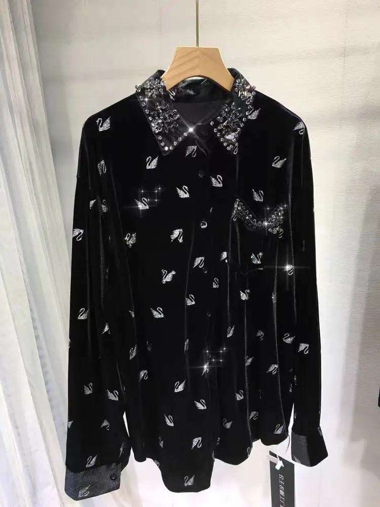 

Luxury Embroidered Flares Long Sleeve Silk Velvet Blouses Shirts Women for 2025 Autumn Trend Loose Casual Tops Woman Clothes