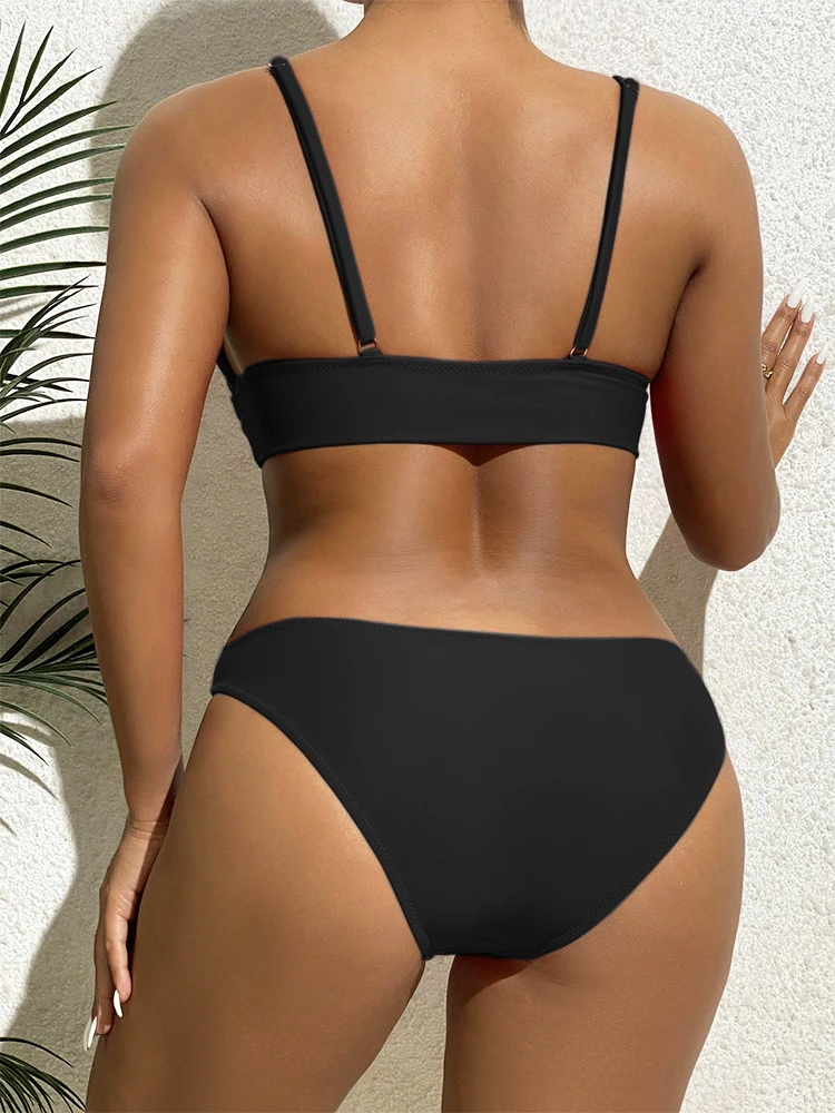 Bikini Swimwear Women Swimsuit 2023 Solid Black High Waist Bikinis Set Sexy V-neck Brazilian Beach Bathing Suit Summer Female L