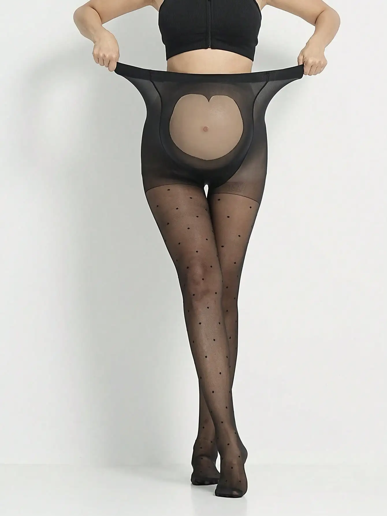1Pair Maternity Women High Waist Belly‑Support Polka Dot Sheer Black Pantyhose Soft Stretch Pregnancy Tights