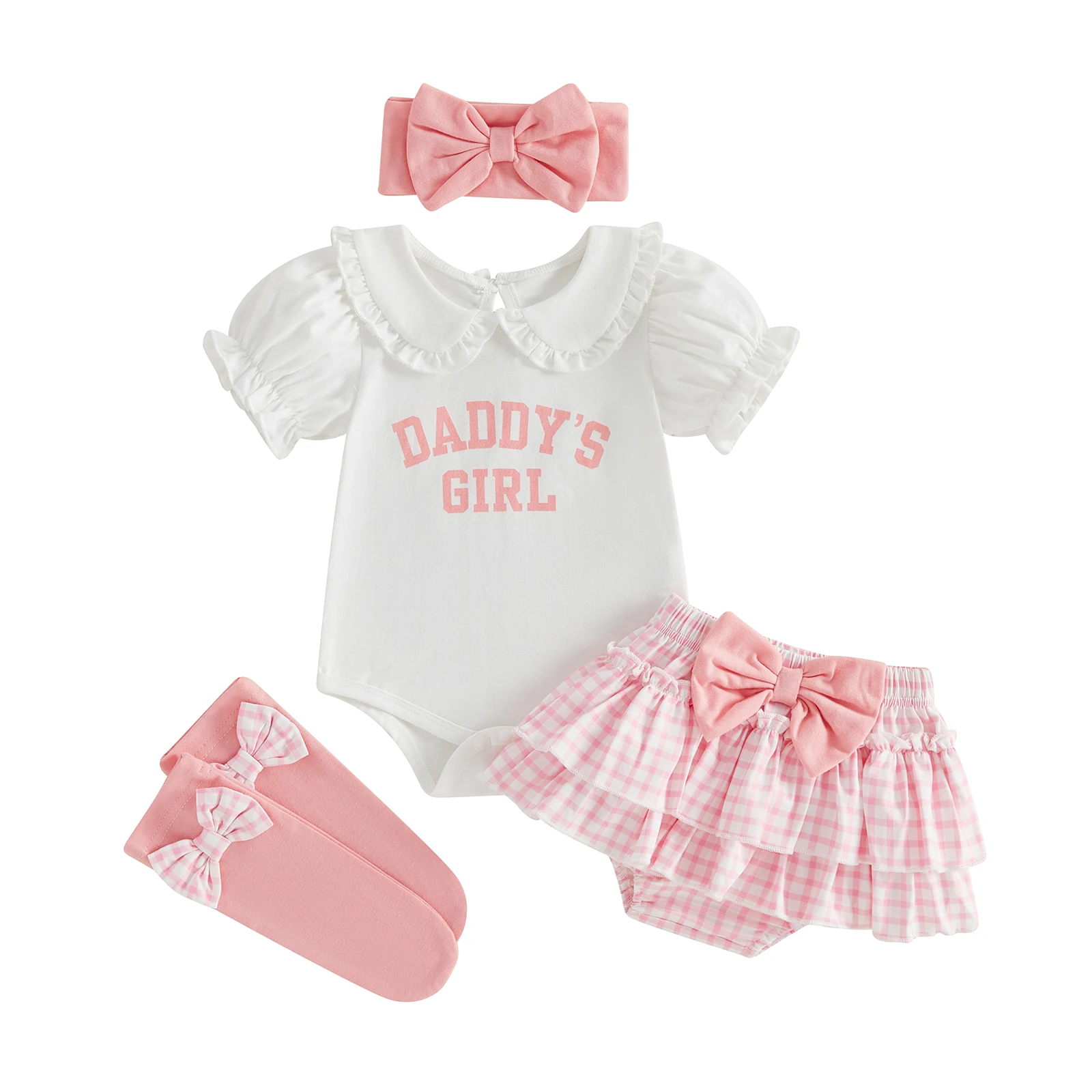 

Очаровательный комплект из 4 предметов для маленьких девочек: комбинезон с короткими рукавами и воротником-стойкой, повязка на голову с буквенным принтом, юбка-пачка и носки — идеально для маленьких девочек.