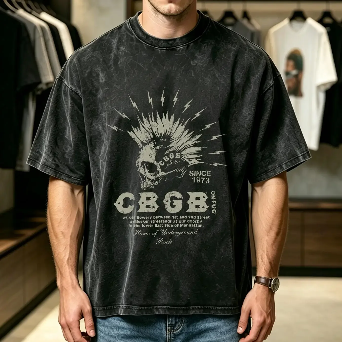 washed T Shirt CBGB OMFUG Electric Skull Licensed Home Of Underground Rock Black long or short sleeves vintage Washed Versatile