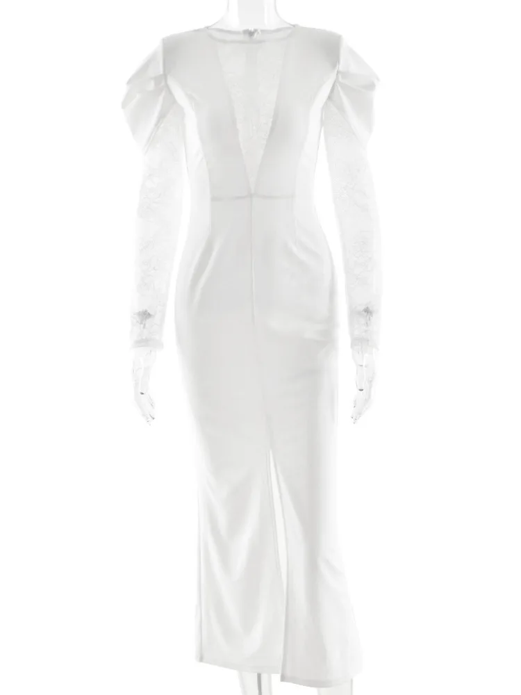 Oniflyme Hohe Schlitz Spitze Patchwork Maxi Kleid Frauen Elegante O Hals Langarm Sheer Bodycon Kleider Dame Abend Party Vestido