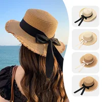 Korean Bow Straw Hat for Women Outdoor Beach Wide Brim Sun Visor Cap  Summer Vacation Sunshade Female Panama Hats