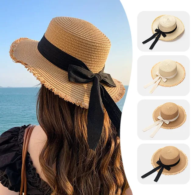 Korean Bow Straw Hat for Women Outdoor Beach Wide Brim Sun Visor Cap  Summer Vacation Sunshade Female Panama Hats