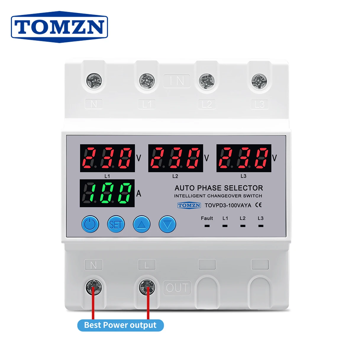 100A TOMZN 3 Phase 3P+N Din Rail Phase Selector Adjustable Over and Under Voltage Current Protection Monitor Relays Protector