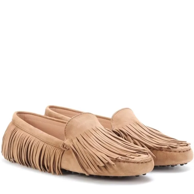 New Real Leather Tassel Covered Flat Ballet Shoes Round Toe Comfortable Leisure Shoes Fringed Moccasin Gommino Shoes