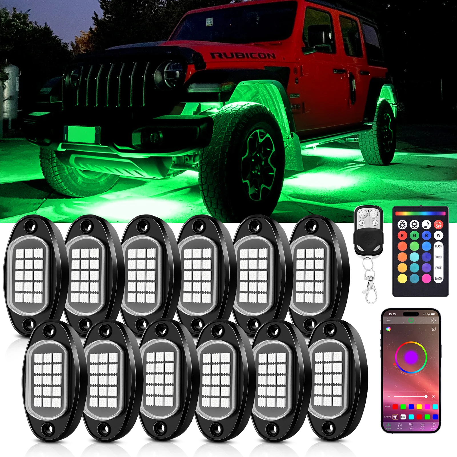 MICTUNING Rock Lights Waterproof Underglow LED Lights with APP/Remote Control & Music Mode for Pickup Car Off Road SUV ATV
