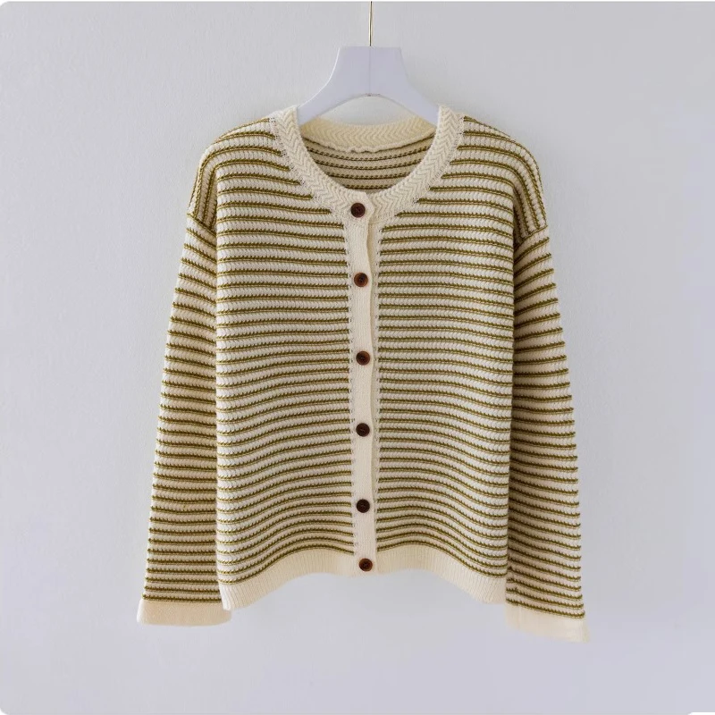 

Spring Autumn Women Striped Knitted Sweater Round Neck Long Sleeved Casual Knit Cardigan Female Loose Outerwear