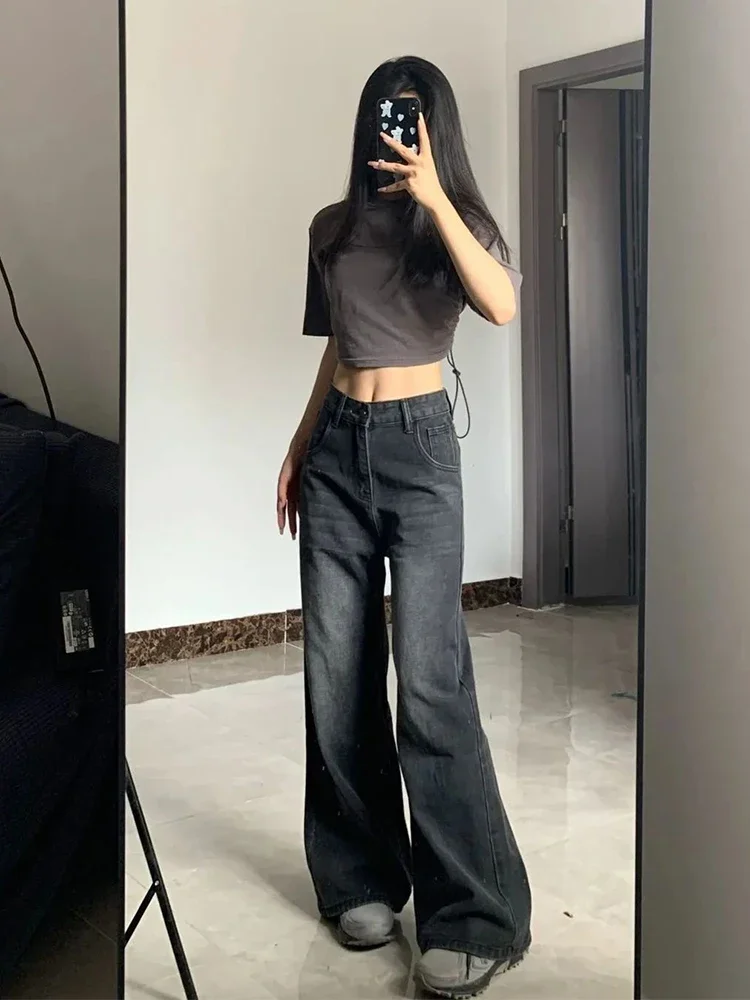 Korean Vintage High Waist Women's Jeans Y2K Slimming Pear-Shaped Loose Straight Bell Bottoms Black Gray Baggy Denim Trousers