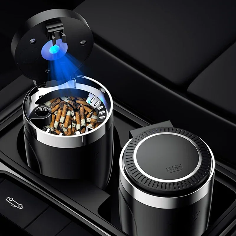 

Car Ashtray With LED Light Lid Portable Detachable Metal Inner Liner Ashtray Cup Auto Accessories One Touch Open