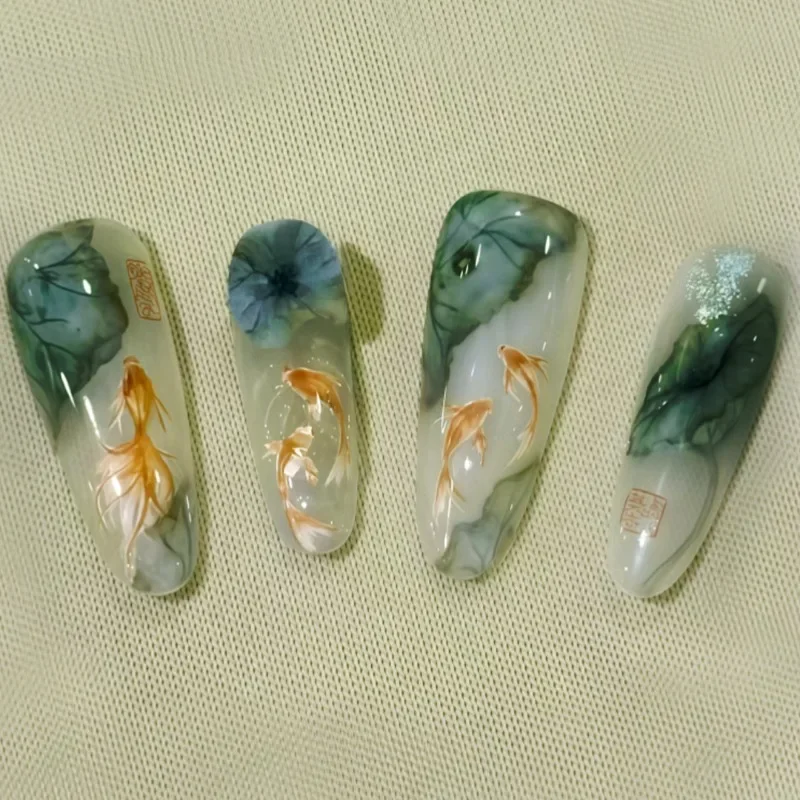 10Pcs Oriental-Themed Press-On Nails with Lotus Leaf,Koi Fish,Bamboo Patterns Crescent Moon Designs Nail Tips for Women&Girls - Image 2