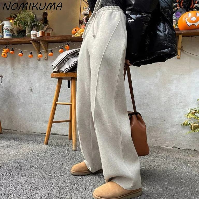 Nomikuma 2023 New Fashion Winter Straight Woolen Pants Elegant High Waisted Korean Style Wide Legged Pant for Women Trousers