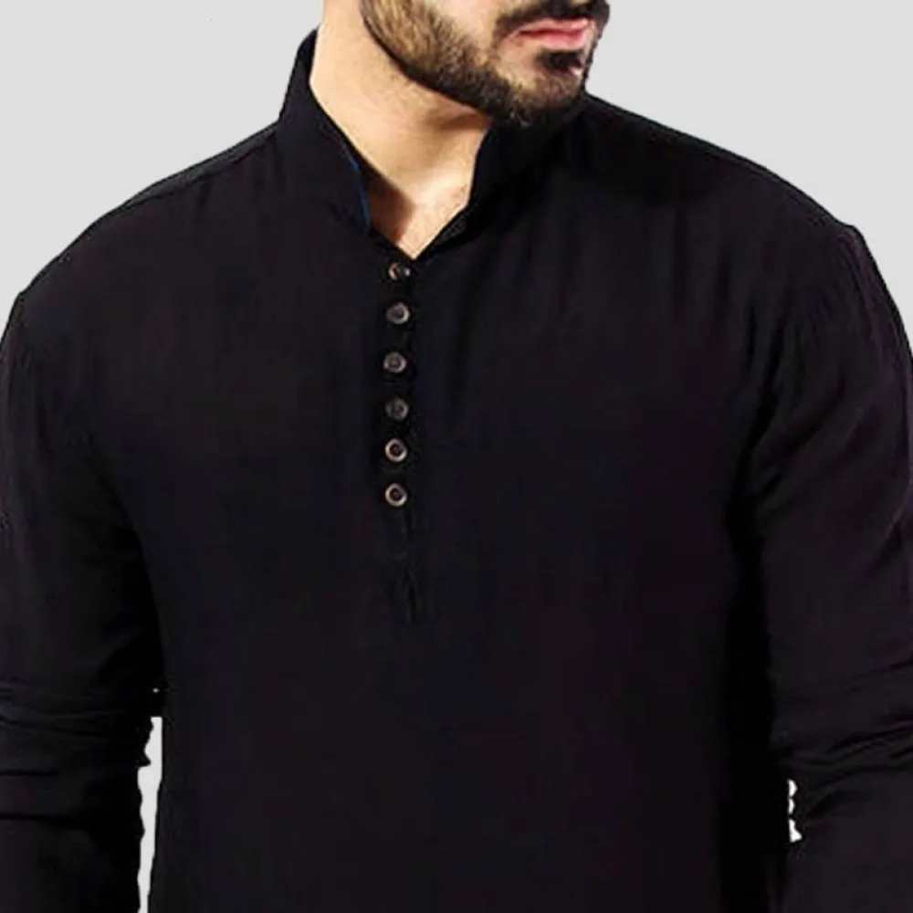 Men Casual Long Sleeve Shirt Stand Collar Solid Color Loose Cotton Tops Fashion Trendy Streetwear For Daily Commuting