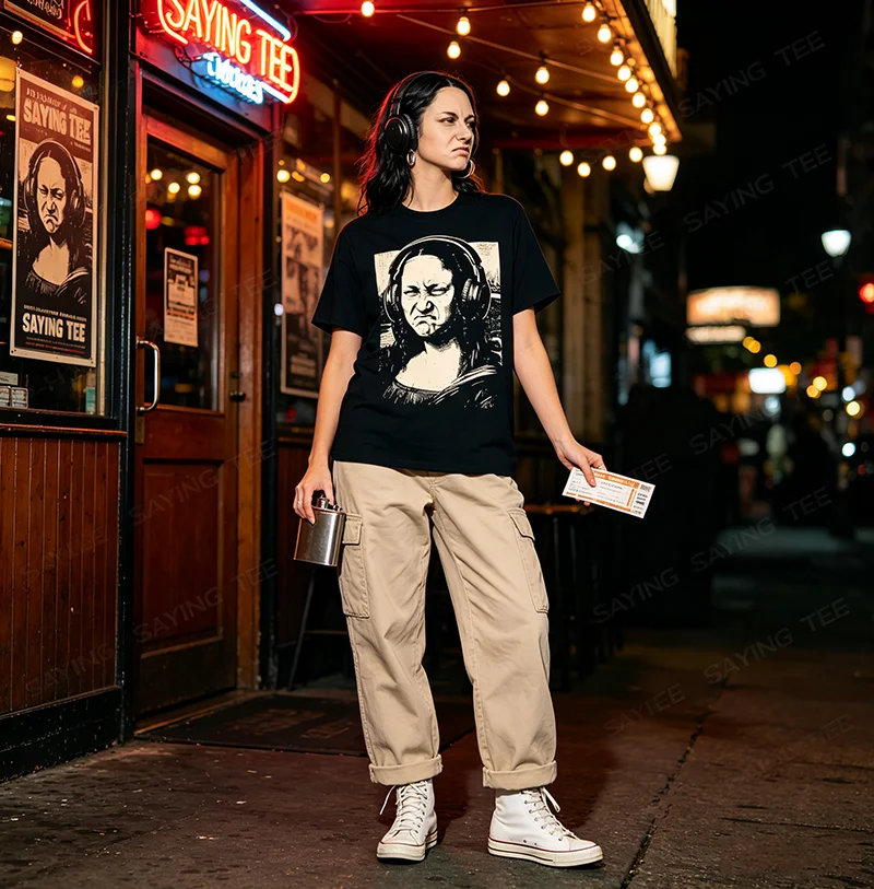Mona Lisa Bass Face Lustiges T-Shirt für Musikliebhaber DJs Produzenten Y2k Artwork Bass Player Streetwear Kleidung Personalisiertes Konzert-T-Shirt – Detail 3