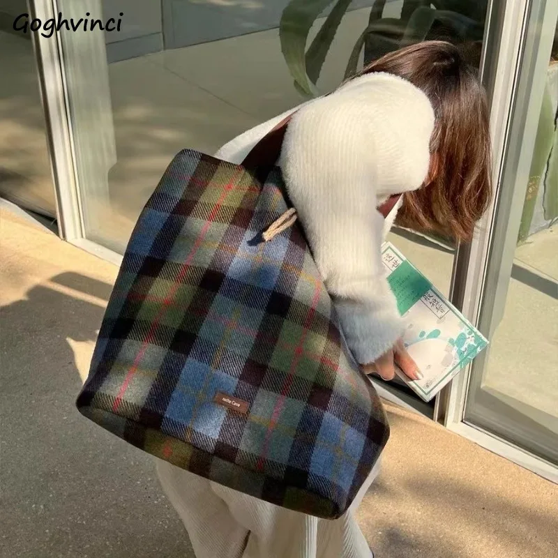 Shoulder Bags Women Plaid Casual Large Capacity Vintage Woolen Commuter All-match Tote Bag Students Travel Multi-function Chic