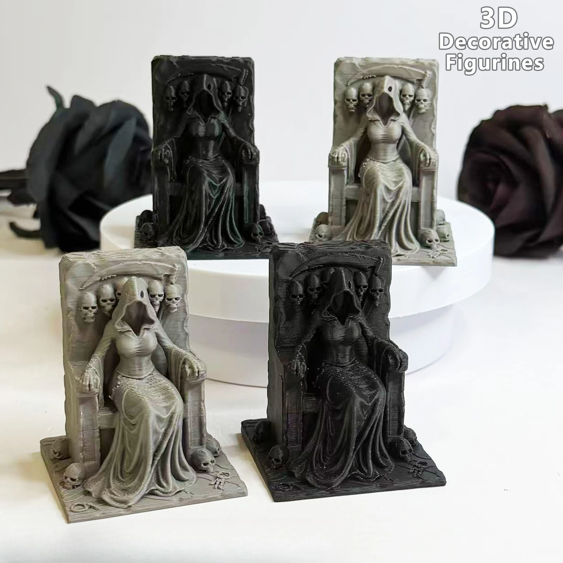 Grim Reaper Witch Throne Figurine 3D Printed Gothic Skull Statue Dark Fantasy Miniature Ornament Terrain Halloween Desktop Decor