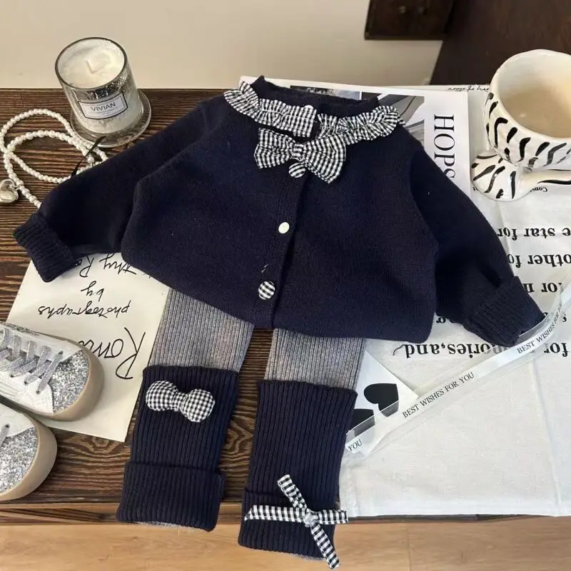 Sweet Princess Autumn Children's Clothing Set for Girls with Checked Patchwork Sweater Cardigan Bow And Leggings 6