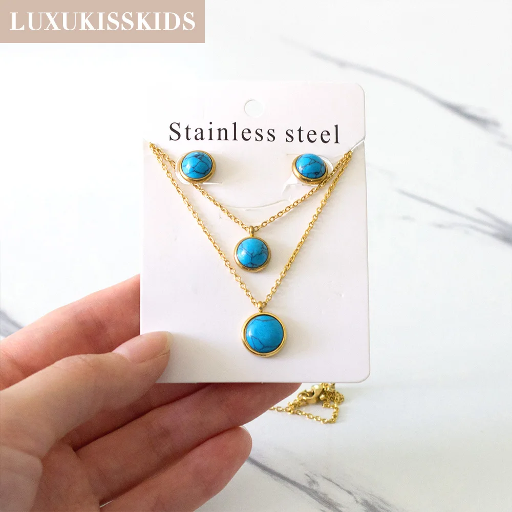 LUXUKISSKIDS Turquoise Stone Jewelry Set Blue Color Parure Round Double Chain Pendant Necklaces Earrings For Woman/Men Bijoux