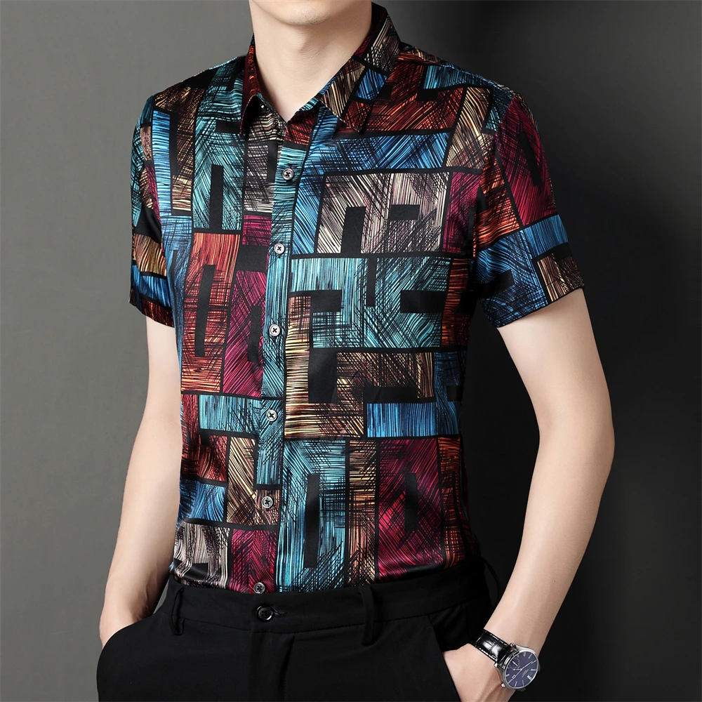 Vintage Print Banquet High-End Men Shirt Real Silk Short Sleeve Summer Quality Soft Comfortable Fashion Casual Camisas De Hombre