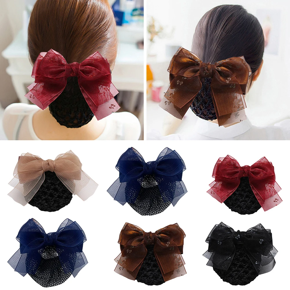 Fashion Satin Gauze Bow Hair clip with Net Hair Bun Cover Bowknot Snood Hairgrips Office Ladies Headwear Hair accessories