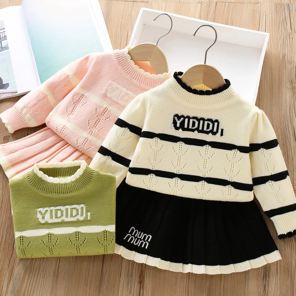 

Girls Knitted Clothes Sets Spring Autumn Children Woolen Jersey Sweaters Tops Skirts Party Dress Suit For Baby Outfits Kids 2025