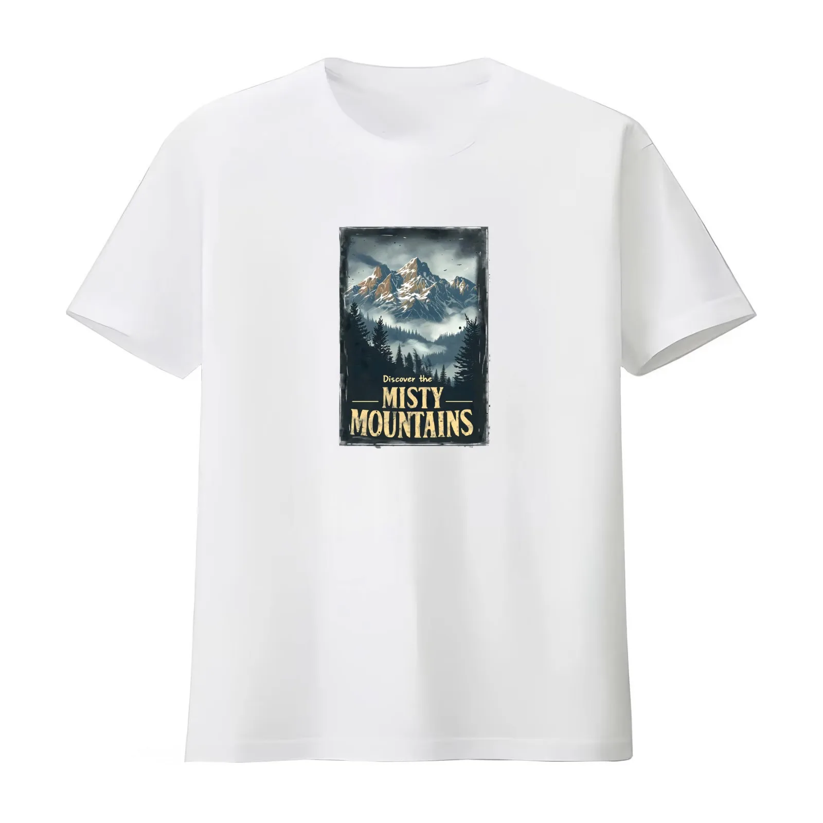 Discover the Misty Mountains - Vintage Travel Poster - Fantasy T-Shirt Summer Casual Cotton Tee Oversized Streetwear Tops