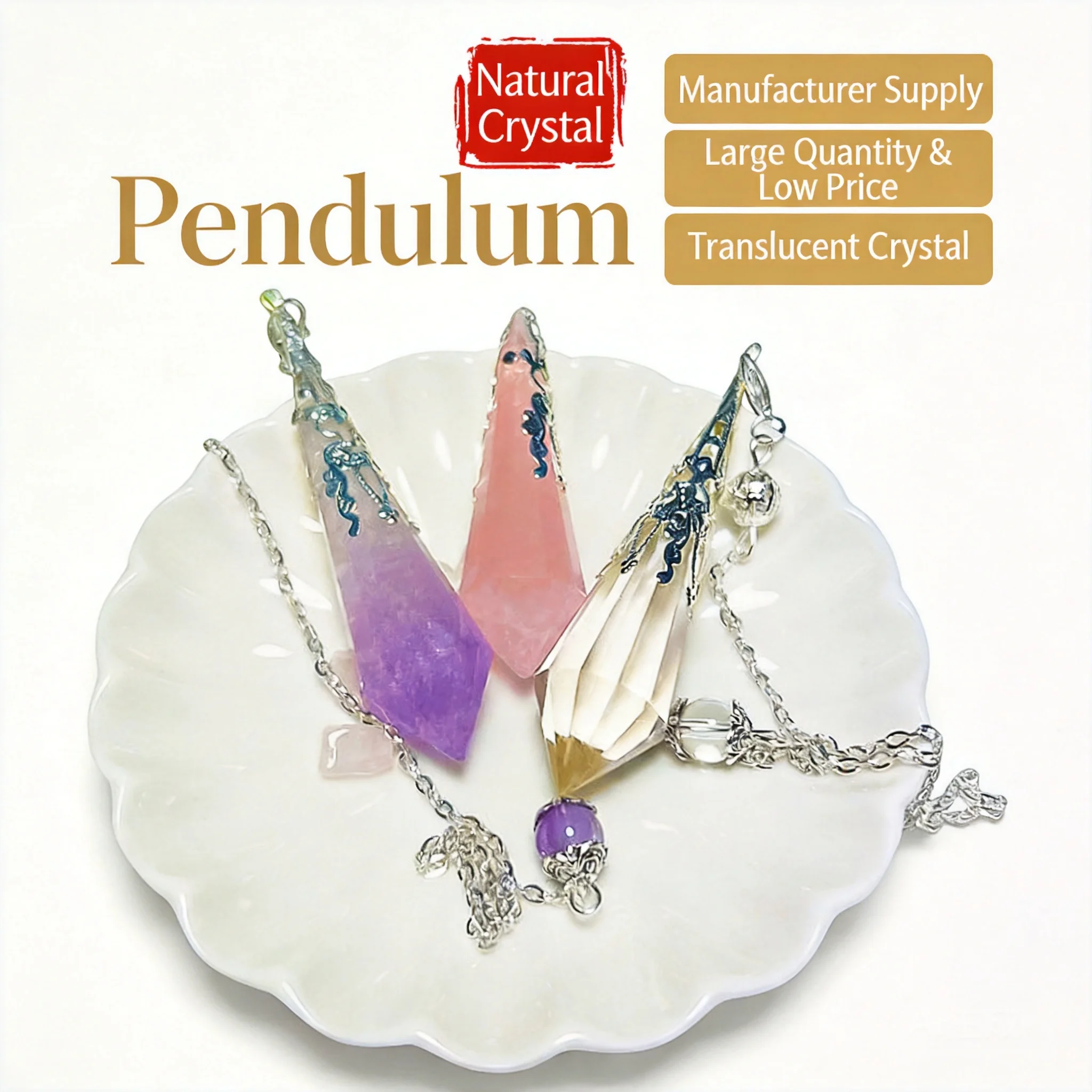 Chinese Style Lucky Blessing Natural Fluorite Rose Quartz Amethyst Crystal Pendulum 5-6cm Single Point Pendant For Meditation