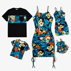 PatPat Family Matching Floral Panel T-shirt and Floral Ruched Drawstring Side Strap Dress Sets Suitable for Summer Season