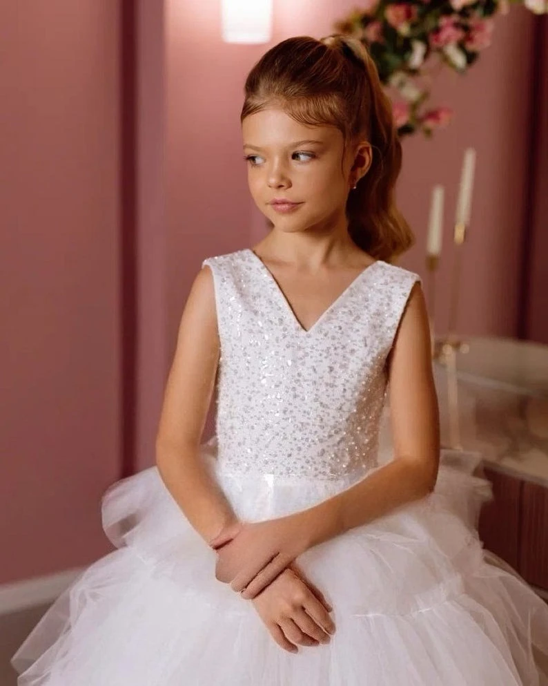 Flower Girl Dress Wedding Dress Girl Satin Tulle with Train Sparkle Kids Ivory Toddler Dress Princess Girls Party Ball Gown