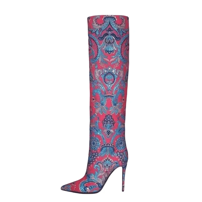 

Floral Prints Women Pointy Toe Sexy Over the Knee Boots Leopard Pattern High Heels Stiletto Ladies Long Booties Slip On Shoes