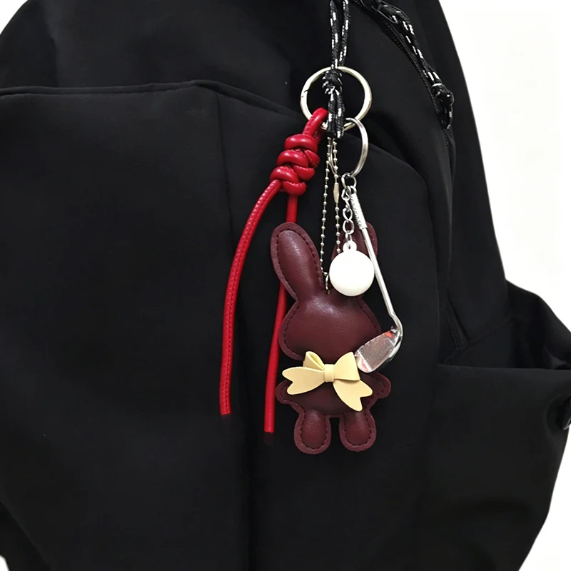 Creative PU Leather Bunny Keychain Solid Color Versatile Key Holders Bow Decoration Rabbit Car Key Ring Bag Accessories
