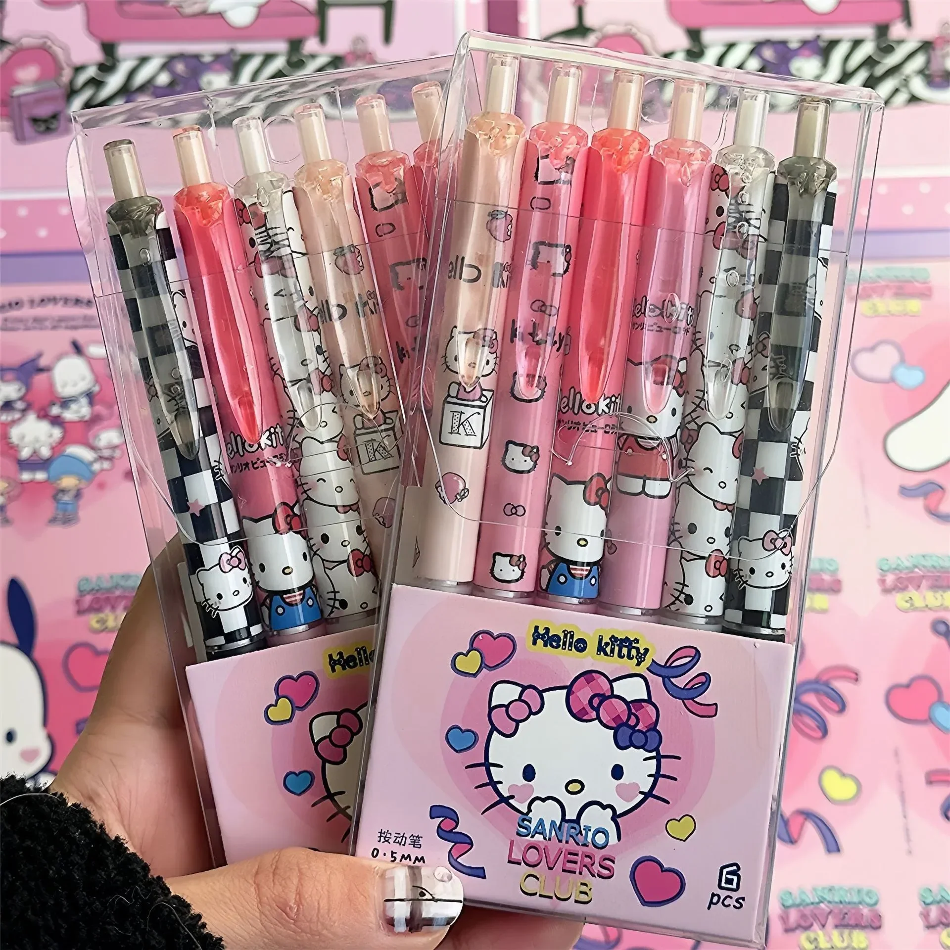 Sanrio-Bolígrafo de Gel Hello Kitty Kuromi, serie de 6 uds., 0,55mm, Chip ST, bolígrafo para examen de secado de velocidad, recarga negra, suministros de papelería escolar Y2k