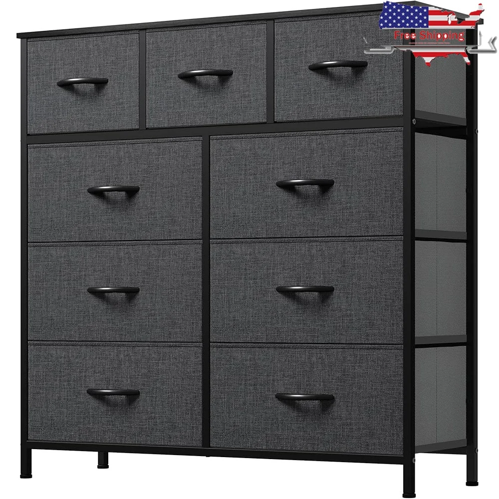 

9 Drawer Fabric Storage Tower Tall Chest Organizer Unit Living Room Entryway Sturdy Steel Frame Wooden Top Dresser Unit