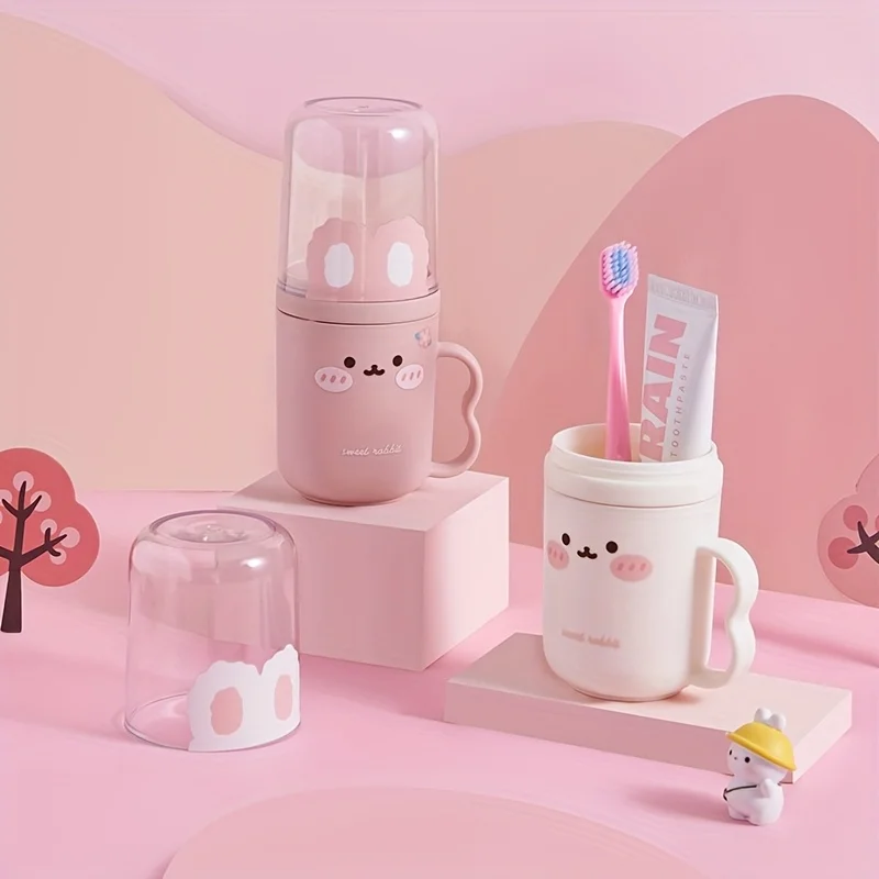 A odorless travel toothbrush box and mouthwash cup set - portable, plastic toothpaste cup, cute rabbit design, bathroom mouthwash cup, space-saving hygiene solution for carry-on, suitable for business travel and vacation