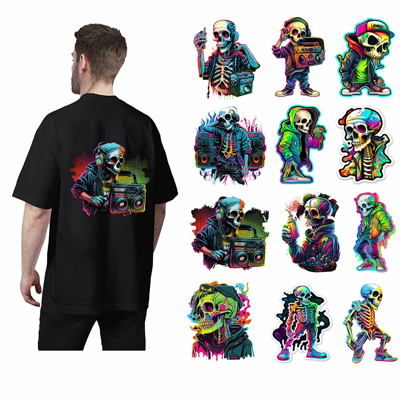 Color Skull Man Ironing Sticker Clothes DTF Fashion T-shirt Hoodie DIY Jacket Patch Hot Paste Paper