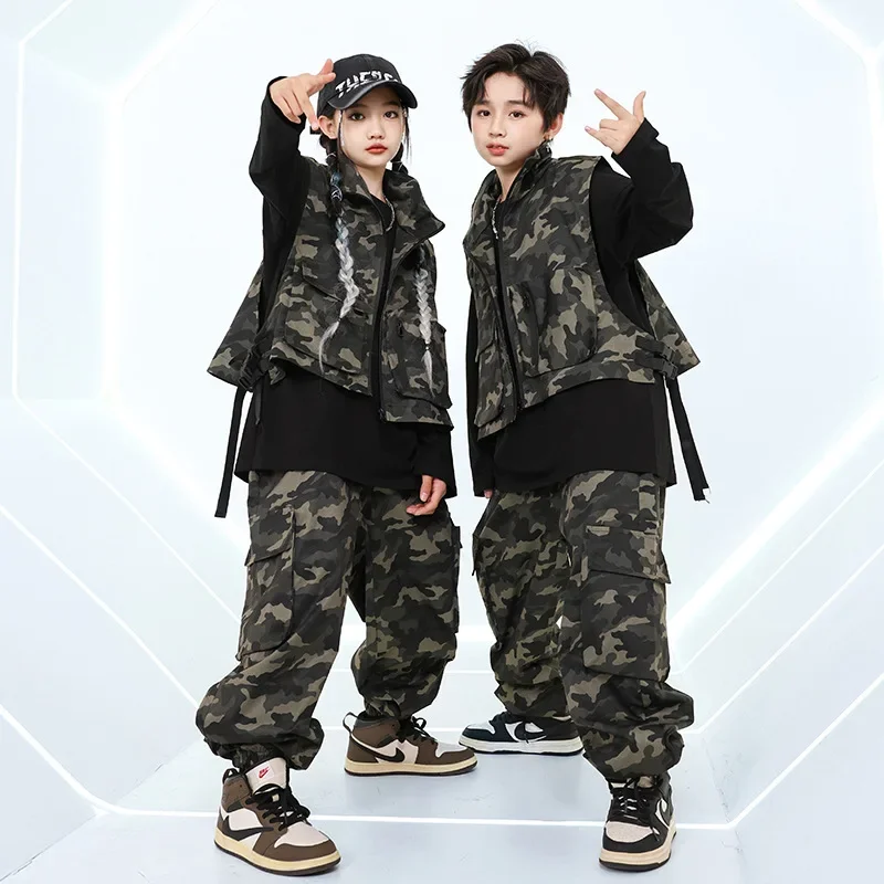 Ballroom Hip Hop Dance Costumes for Boys Loose Vest Pants Camouflage Suit Girls Streetwear Jazz Dance Stage Rave Clothes Sets