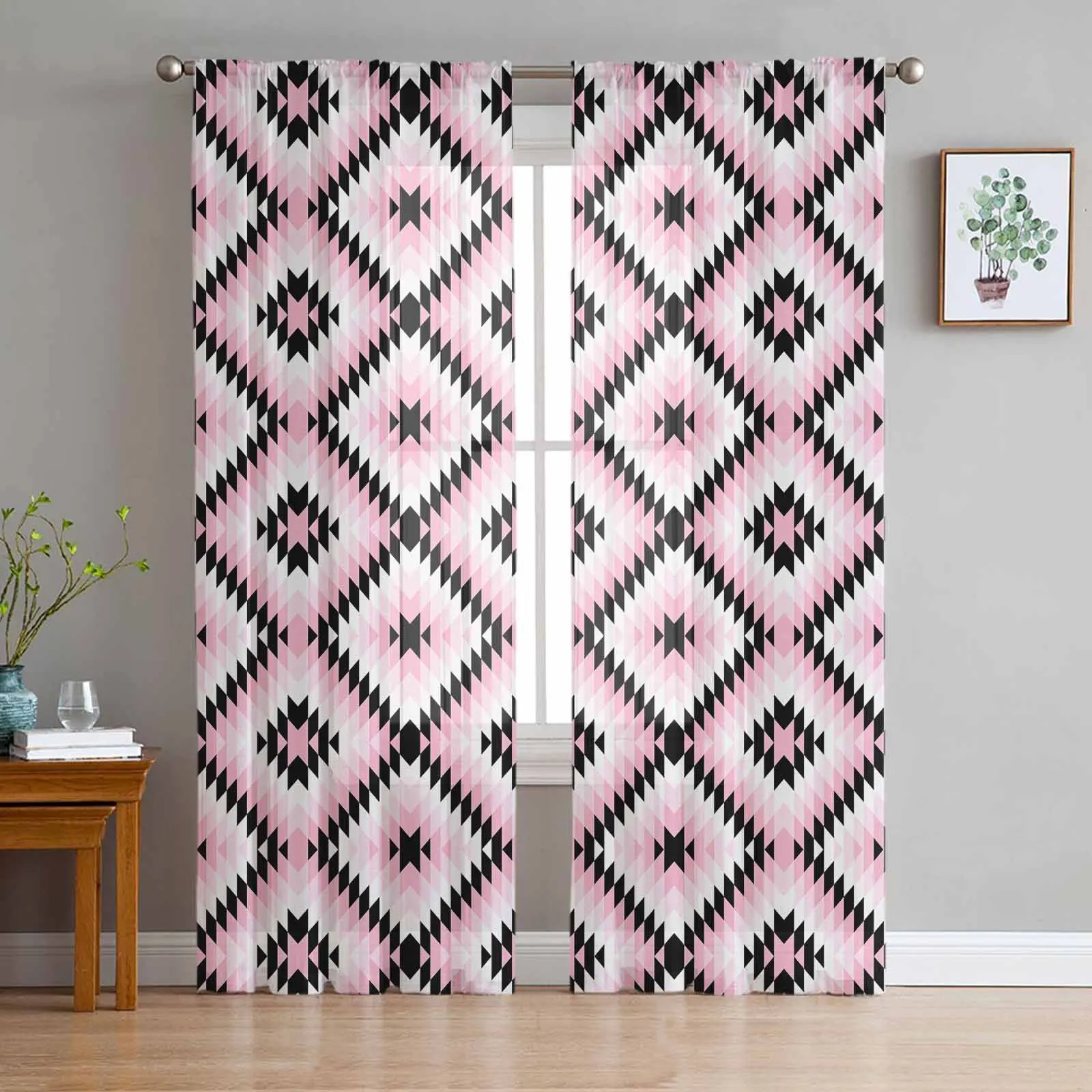 Bohemian Aztec Morocco Pink Window Tulle Curtains for Living Room Kitchen Modern Window Treatments Voile Curtains