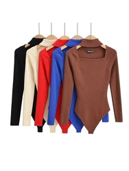 Tute da donna con colletto quadrato scavato tute elastiche a maniche lunghe Slim 5 colori