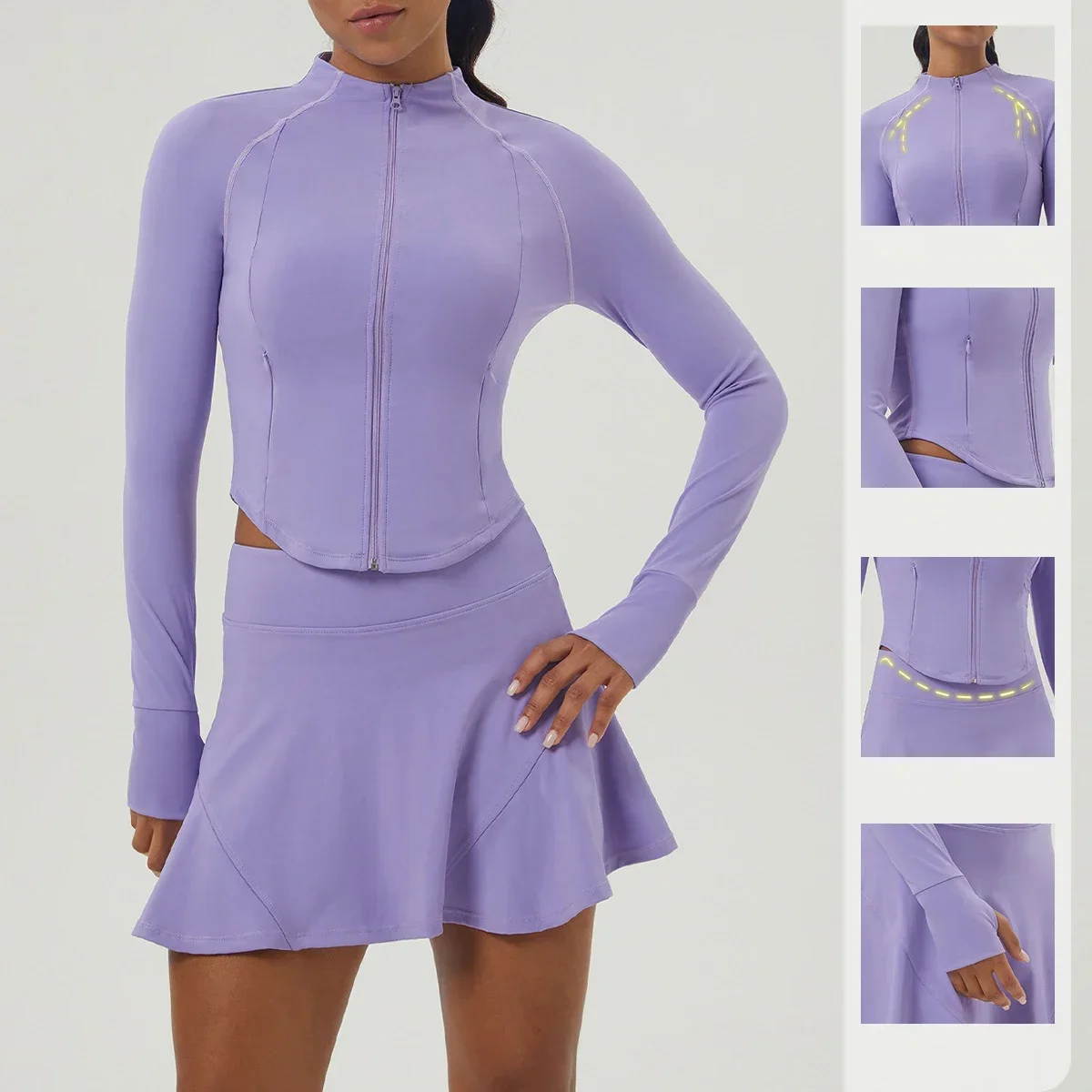 New Pocket Zipper Sports Tennis Skirt Suit Women Slim Jacket Yoga Clothing High Elastic Leisure Anti-glow Skirt Pants 2piece Set image 3