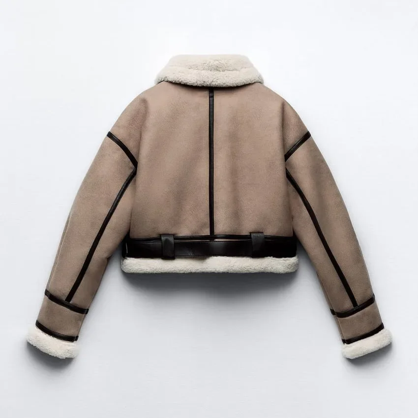 2024 Autumn Winter Women\'s Integration Jacket Streetwear Motorcycle Coat Fashion Turn-Down Collar Double Sided Lamb Fur Parka