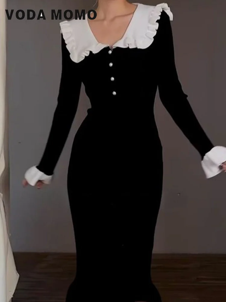 

Винтажное элегантное трикотажное платье, новые женские осенне-зимние оборки в стиле пэчворк с длинными рукавами и жемчужными пуговицами, облегающие длинные платья для офиса