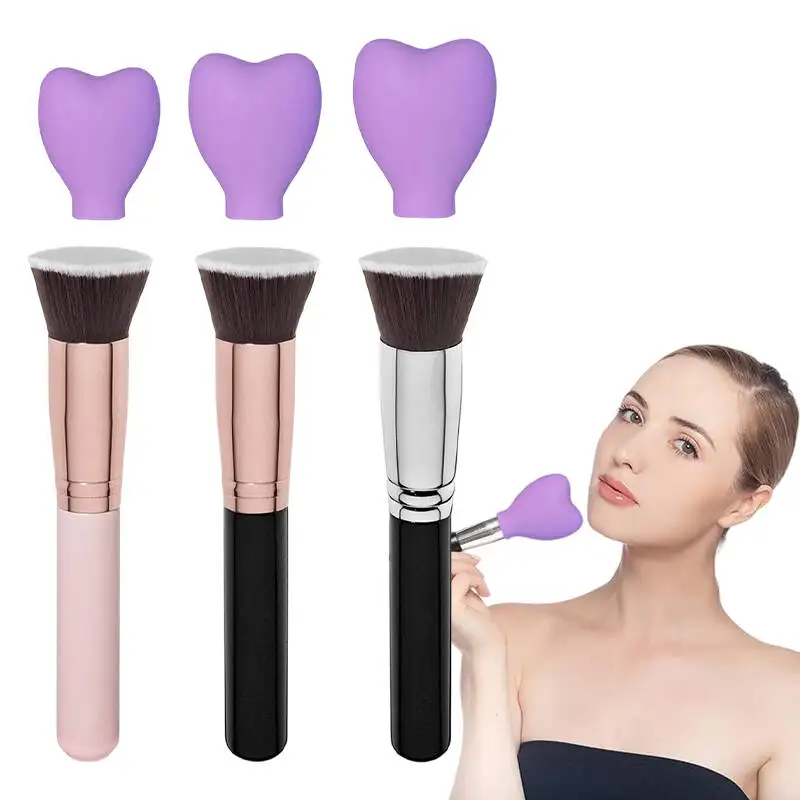 Set di pennelli per trucco professionale Pennello per trucco a testa piatta singola e 3 pezzi di copertura protettiva antipolvere in silicone Strumenti per cipria in polvere sciolta
