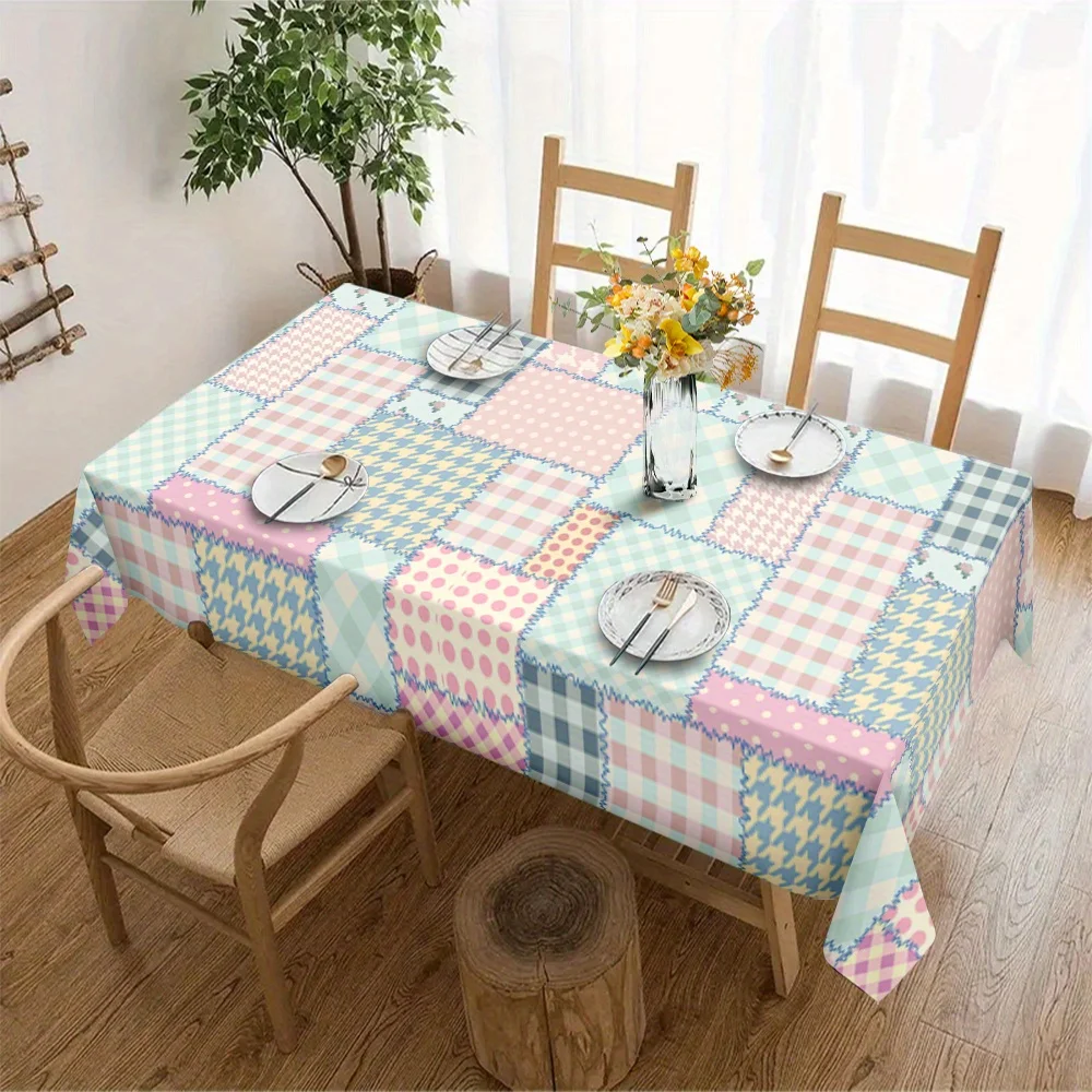 Machine-made polyester square tablecloth - a design combining pastel checks and diamond-shaped floral patterns.