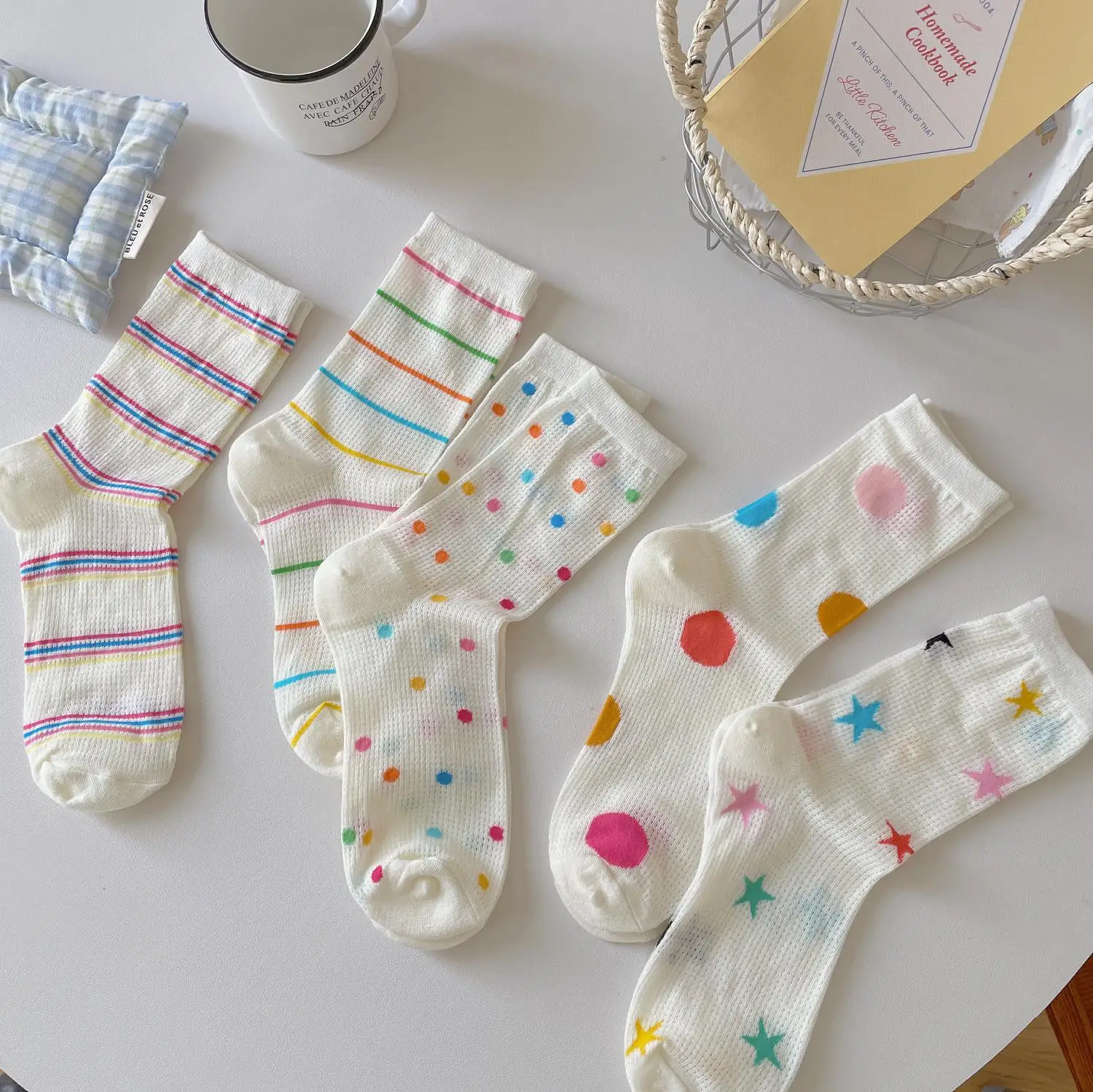 

5Pairs of Colorful Polka Dot Tube Socks for Women's Summer Thin Breathable Hollow Mesh Five-pointed Star Cute Girl Cotton Socks