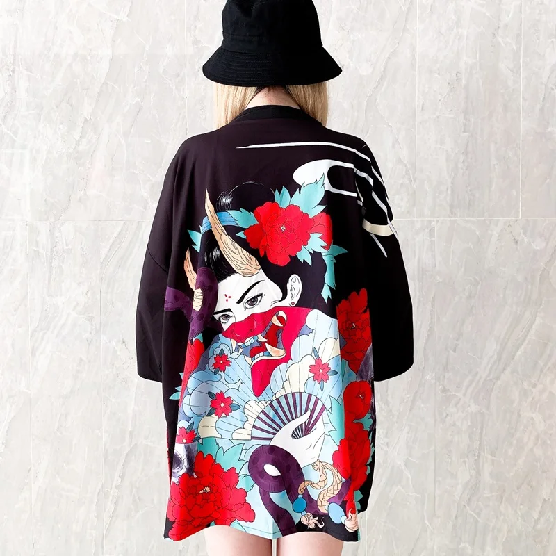 Летнее кимоно для женщин с принтом ниндзя, японский кардиган для женщин и мужчин, косплей, одежда юката, уличная одежда в стиле Харадзюку, повседневная свободная одежда