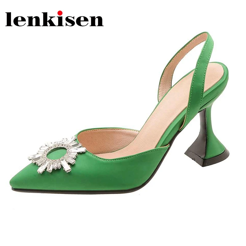 

Lenkisen Silk Pointed Toe Strange High Heels Slingbacks Rhinestone Decoration French Romantic Elegant Shallow Women Pumps L8f1