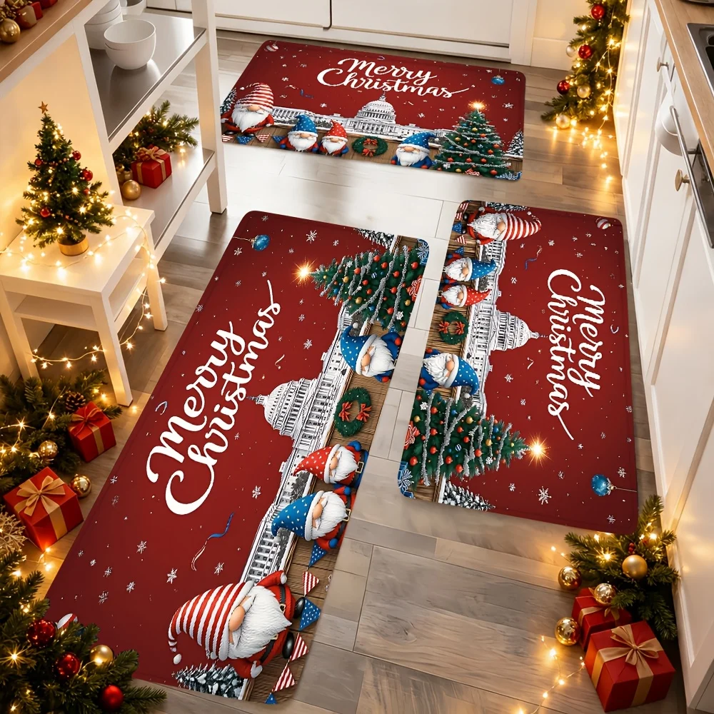 Kitchen Rug Set, Christmas Gnome Pattern Print, Home Mat Set, Autumn Decor, Christmas Decor, Halloween Home Decor, Christmas Rug, Bedside Mat, Bathroom Mat, Kitchen Mat, Hallway Carpet, Soft Thickened Indoor Entrance Rug, Non-Slip Bottom