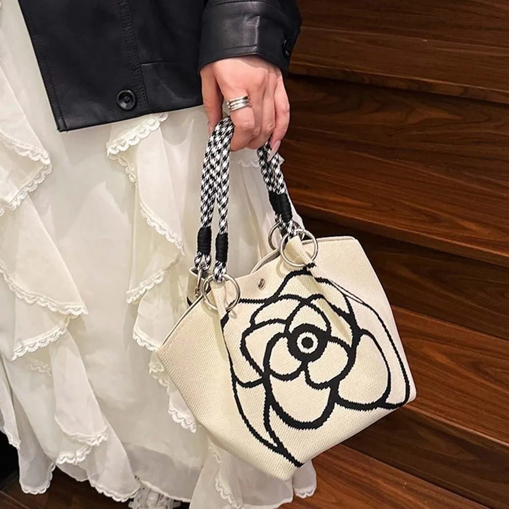 

Sweet Women Knitted Handbag Stripe Large Capacity Printed Small Bag Japanese Style Butterfly Floral Commuting Pouch School