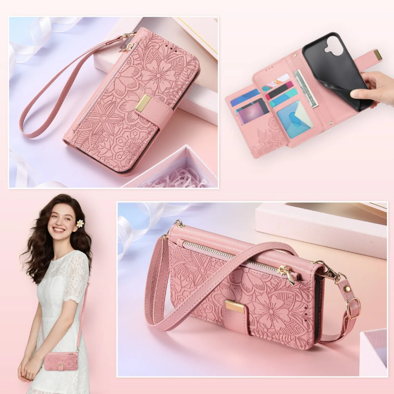 

Floral Texture Flip Card Holder Phone Case for iPhone 17 Pro Max Air 16 15 14 13 12 Imitation Leather Wallet Cover with Lanyard